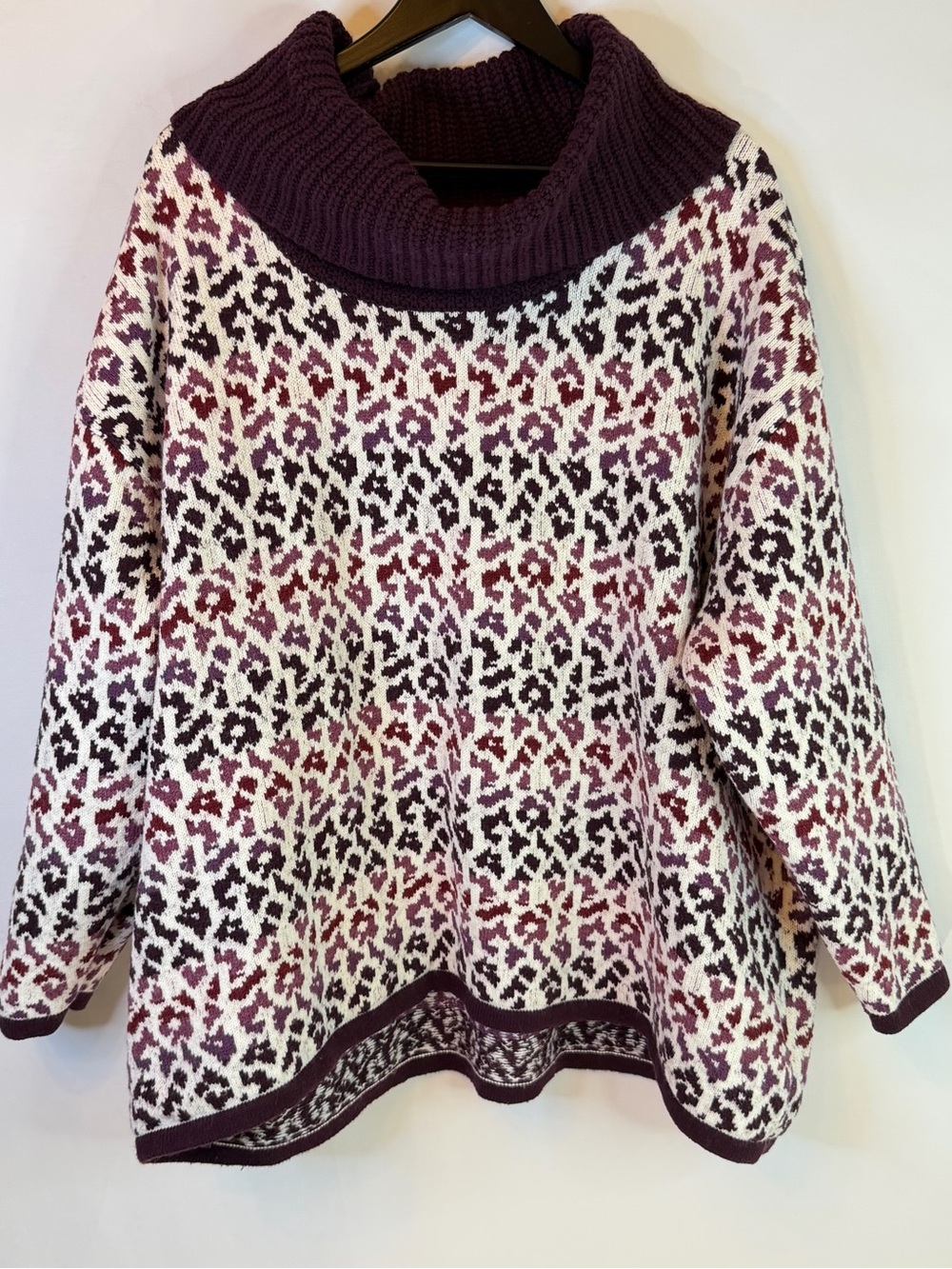 Lands End Women Plus 3X Sweater Cowl Neck Burgundy Cream Animal Print Soft Cozy